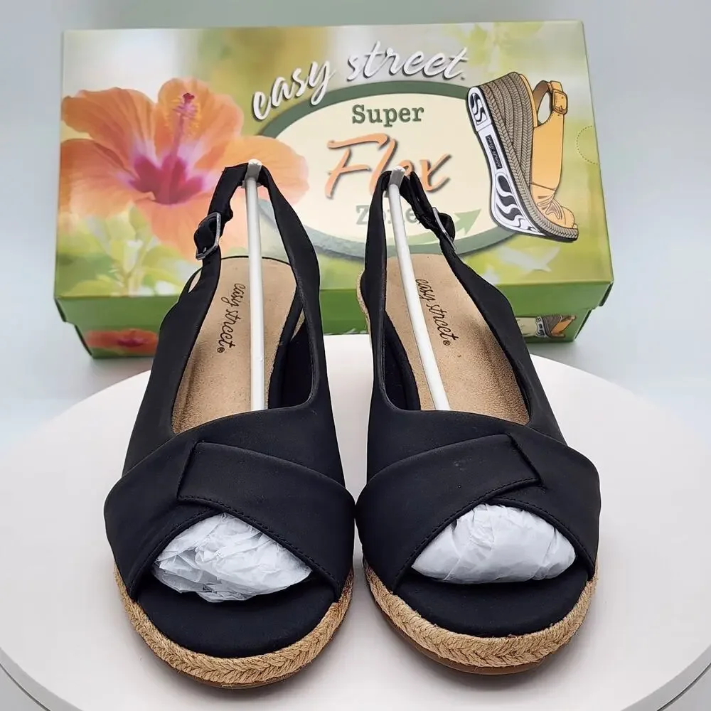 NEW Easy Street Devlin Black Slingback Espadrille Wedge Sandals Women Size 8.5 M